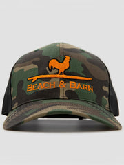 Beach & Barn SURFING ROOSTER Snapback Hat Green Camo Black front view. If you need any assistance with this item or the purchase of this item please call us at five six one seven four eight eight eight zero one Monday through Saturday 10:00a.m EST to 8:00 p.m EST