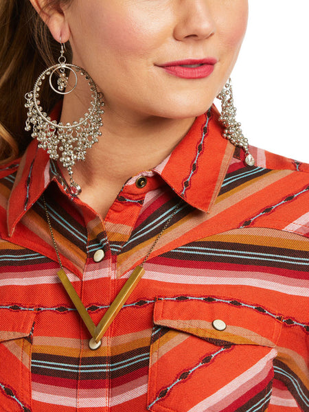 Ariat 10040708 Womens REAL Oasis Serape Shirt Coral front close up. If you need any assistance with this item or the purchase of this item please call us at five six one seven four eight eight eight zero one Monday through Saturday 10:00a.m EST to 8:00 p.m EST
