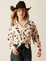 Ariat 10052923 Womens Homestyle Western Cowgirl Print Shirt Ivory front with a knot. If you need any assistance with this item or the purchase of this item please call us at five six one seven four eight eight eight zero one Monday through Saturday 10:00a.m EST to 8:00 p.m EST