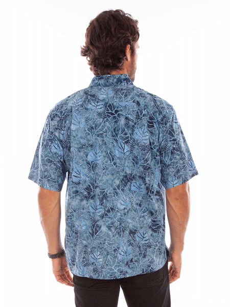 Scully 5346-BLU Mens Batik Leaves Short Sleeve Shirt Blue back view. If you need any assistance with this item or the purchase of this item please call us at five six one seven four eight eight eight zero one Monday through Saturday 10:00a.m EST to 8:00 p.m EST
