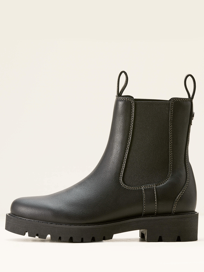 Ariat 10053771 Womens Wexford Lug Mid Waterproof Chelsea Boot Jet Black front and side view. If you need any assistance with this item or the purchase of this item please call us at five six one seven four eight eight eight zero one Monday through Saturday 10:00a.m EST to 8:00 p.m EST