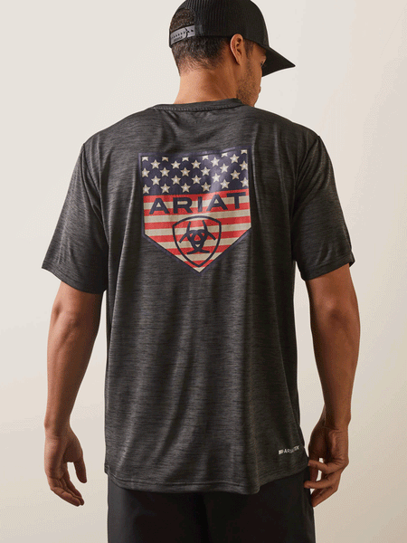 Ariat 10043763 Mens Charger Proud Shield T-Shirt Charcoal Heather back view. If you need any assistance with this item or the purchase of this item please call us at five six one seven four eight eight eight zero one Monday through Saturday 10:00a.m EST to 8:00 p.m EST