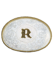 Montana Silversmiths 700 Initial Silver Engraved Gold Trim Western Belt Buckle letter R front view. If you need any assistance with this item or the purchase of this item please call us at five six one seven four eight eight eight zero one Monday through Saturday 10:00a.m EST to 8:00 p.m EST