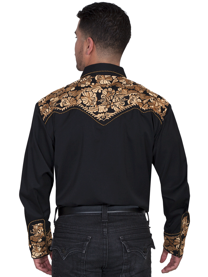 Scully P-634-GLD Mens Floral Tooled Embroidery Western Shirt Gold front view. If you need any assistance with this item or the purchase of this item please call us at five six one seven four eight eight eight zero one Monday through Saturday 10:00a.m EST to 8:00 p.m EST