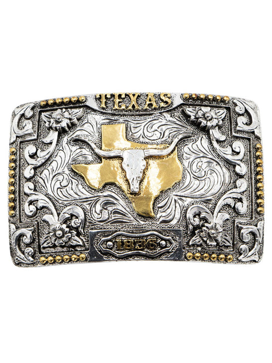 AndWest 751 Longhorn Skull Texas State Buckle Gold And Silver front view. If you need any assistance with this item or the purchase of this item please call us at five six one seven four eight eight eight zero one Monday through Saturday 10:00a.m EST to 8:00 p.m EST