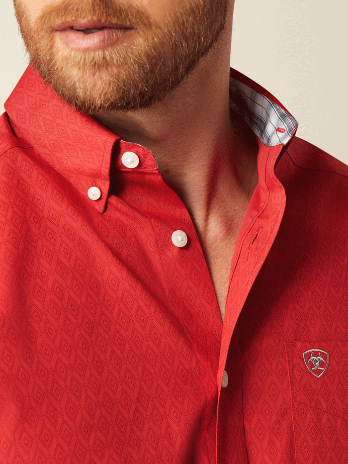 Ariat 10058951 Mens Wrinkle Free Dangelo Classic Fit Shirt Red front view. If you need any assistance with this item or the purchase of this item please call us at five six one seven four eight eight eight zero one Monday through Saturday 10:00a.m EST to 8:00 p.m EST