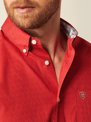 Ariat 10058951 Mens Wrinkle Free Dangelo Classic Fit Shirt Red collar close up. If you need any assistance with this item or the purchase of this item please call us at five six one seven four eight eight eight zero one Monday through Saturday 10:00a.m EST to 8:00 p.m EST