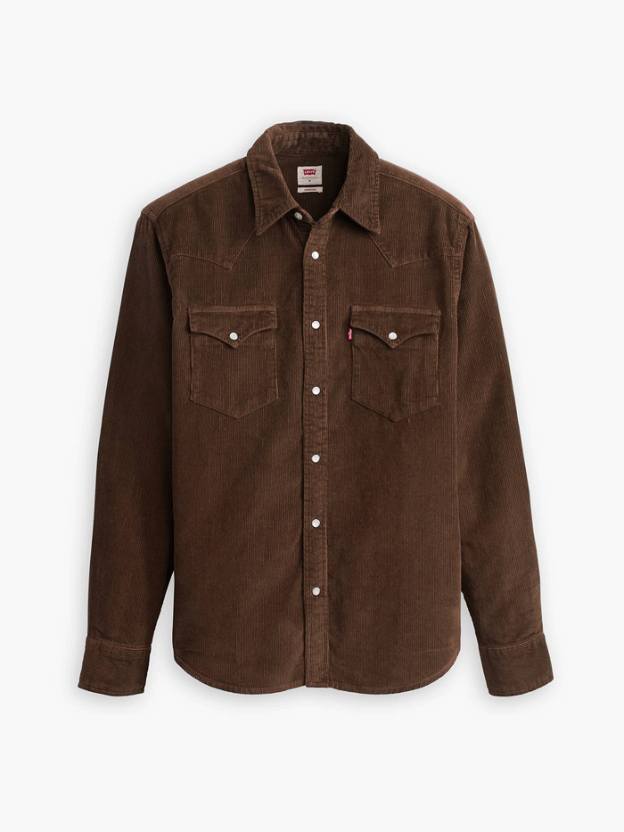 Levis 857450174 Mens Classic Standard Fit Western Shirt Chicory Coffee Brown front open on model. If you need any assistance with this item or the purchase of this item please call us at five six one seven four eight eight eight zero one Monday through Saturday 10:00a.m EST to 8:00 p.m EST