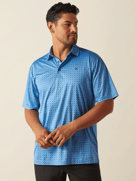 Ariat 10058848 Mens Charger 2.0 Printed Polo Classic Blue front view. If you need any assistance with this item or the purchase of this item please call us at five six one seven four eight eight eight zero one Monday through Saturday 10:00a.m EST to 8:00 p.m EST