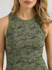 Wrangler 112361137 Womens Printed Slim Goddess Tank Olive Green close up. If you need any assistance with this item or the purchase of this item please call us at five six one seven four eight eight eight zero one Monday through Saturday 10:00a.m EST to 8:00 p.m EST