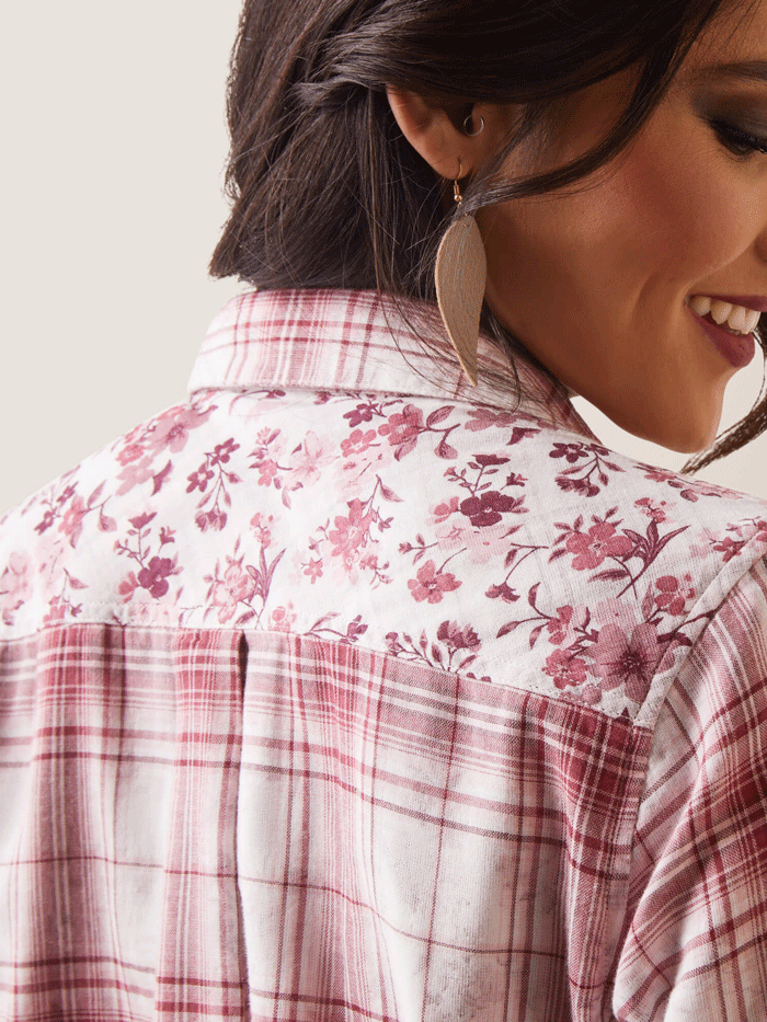 Ariat 10043453 Womens Billie Jean Shirt Willa Plaid Floral Burgundy front view. If you need any assistance with this item or the purchase of this item please call us at five six one seven four eight eight eight zero one Monday through Saturday 10:00a.m EST to 8:00 p.m EST