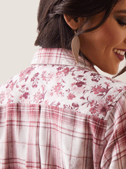 Ariat 10043453 Womens Billie Jean Shirt Willa Plaid Floral Burgundy back close up view. If you need any assistance with this item or the purchase of this item please call us at five six one seven four eight eight eight zero one Monday through Saturday 10:00a.m EST to 8:00 p.m EST