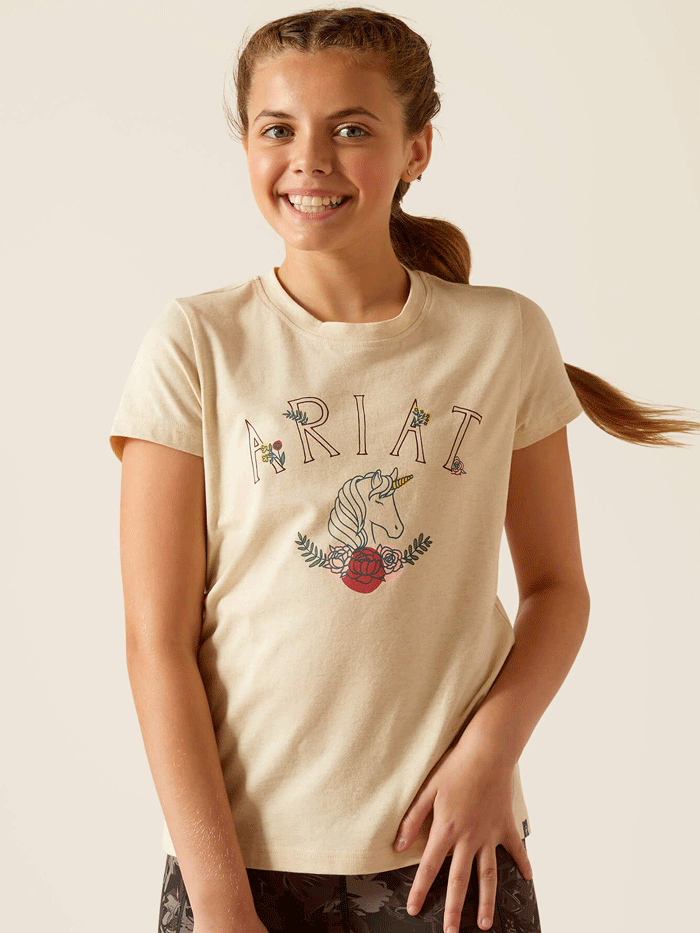 Ariat 10048556 Kids Unicorn Insignia T-Shirt Oatmeal Heather front view. If you need any assistance with this item or the purchase of this item please call us at five six one seven four eight eight eight zero one Monday through Saturday 10:00a.m EST to 8:00 p.m EST