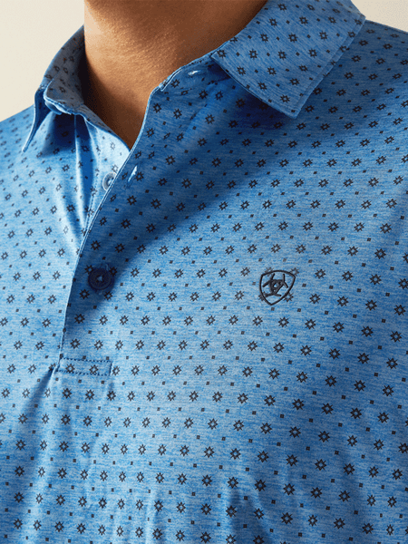 Ariat 10058848 Mens Charger 2.0 Printed Polo Classic Blue front close up. If you need any assistance with this item or the purchase of this item please call us at five six one seven four eight eight eight zero one Monday through Saturday 10:00a.m EST to 8:00 p.m EST