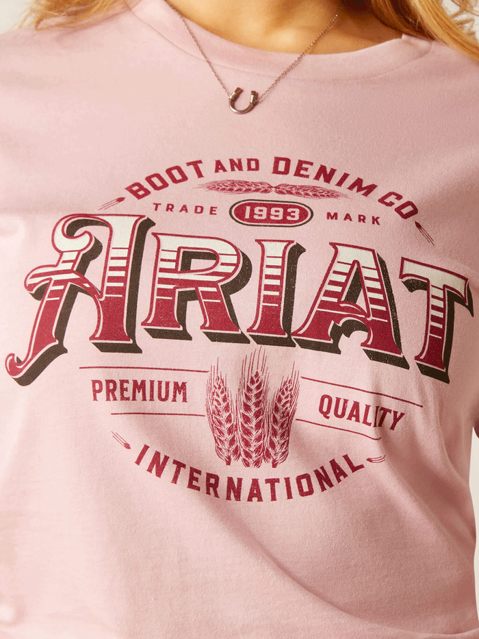 Ariat 10047605 Womens Western Wheat T-Shirt Dusty Pink front view. If you need any assistance with this item or the purchase of this item please call us at five six one seven four eight eight eight zero one Monday through Saturday 10:00a.m EST to 8:00 p.m EST