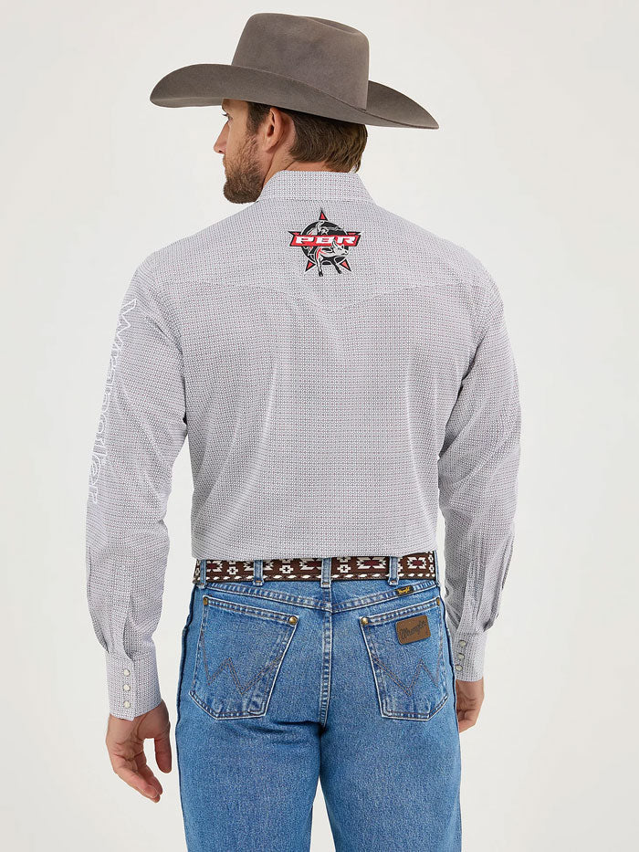 Wrangler 112359482 Mens PBR Long Sleeve Logo Shirt Cloudy Diamonds Grey front view. If you need any assistance with this item or the purchase of this item please call us at five six one seven four eight eight eight zero one Monday through Saturday 10:00a.m EST to 8:00 p.m EST