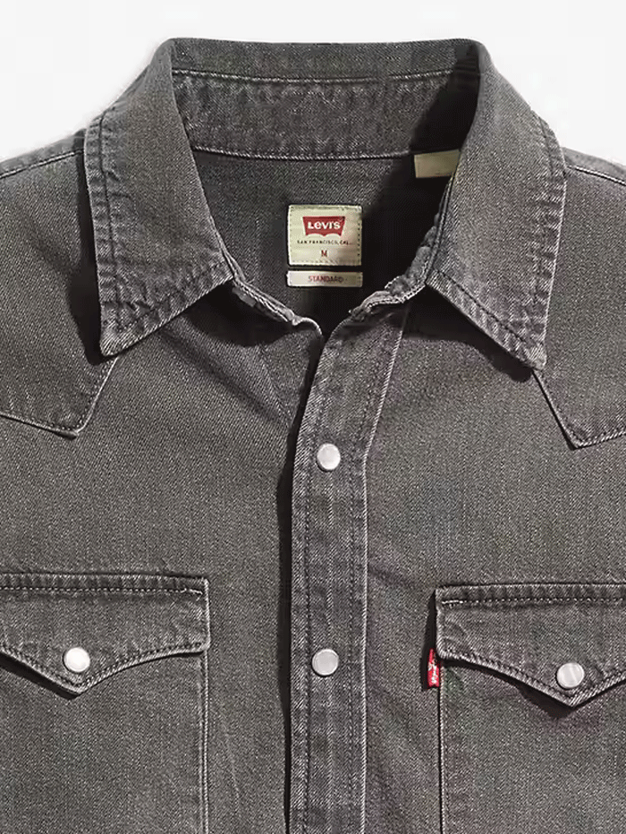Levis 857450148 Mens Classic Standard Fit Western Shirt Calypso Grey Stonewash front view on model. If you need any assistance with this item or the purchase of this item please call us at five six one seven four eight eight eight zero one Monday through Saturday 10:00a.m EST to 8:00 p.m EST