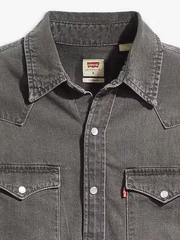 Levis 857450148 Mens Classic Standard Fit Western Shirt Calypso Grey Stonewash close up view of collar and pockets. If you need any assistance with this item or the purchase of this item please call us at five six one seven four eight eight eight zero one Monday through Saturday 10:00a.m EST to 8:00 p.m EST