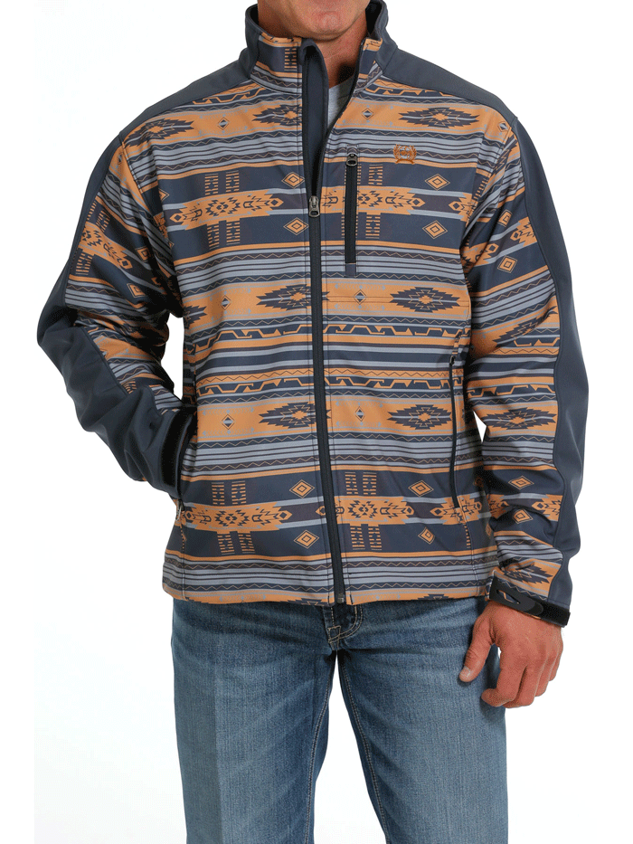 Cinch MWJ1063005 Mens Western Bonded Jacket Blue front view with hand on front side pocket. If you need any assistance with this item or the purchase of this item please call us at five six one seven four eight eight eight zero one Monday through Saturday 10:00a.m EST to 8:00 p.m EST