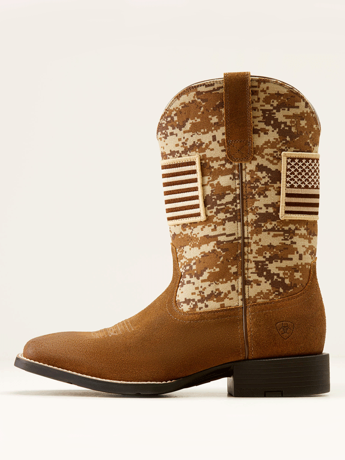 Ariat 10019959 Mens Sport Patriot Western Boot Antique Mocha Suede Camo front and side view. If you need any assistance with this item or the purchase of this item please call us at five six one seven four eight eight eight zero one Monday through Saturday 10:00a.m EST to 8:00 p.m EST