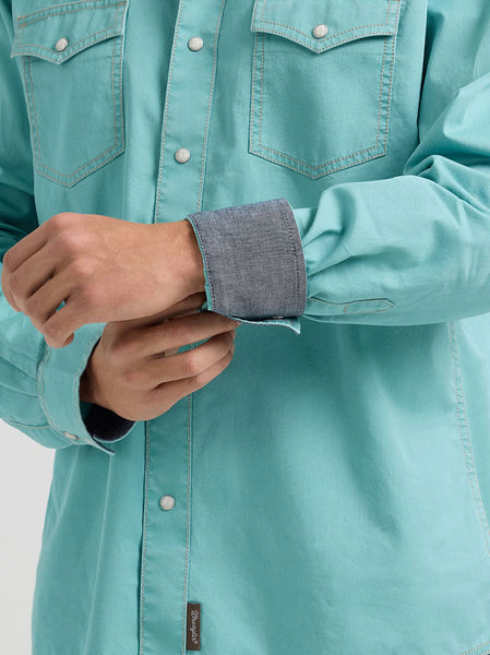 Wrangler 112359909 Mens Retro Premium Long Sleeve Shirt Sugar Blue Turquoise close up. If you need any assistance with this item or the purchase of this item please call us at five six one seven four eight eight eight zero one Monday through Saturday 10:00a.m EST to 8:00 p.m EST