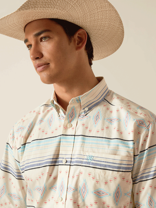 Ariat 10048403 Mens Koda Classic Fit Short Sleeve Shirt Sandshell Beige front close up view. If you need any assistance with this item or the purchase of this item please call us at five six one seven four eight eight eight zero one Monday through Saturday 10:00a.m EST to 8:00 p.m EST