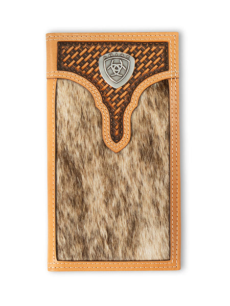 Ariat A3561648 Mens Calf Hair basket Weave Rodeo Wallet Natural front view. If you need any assistance with this item or the purchase of this item please call us at five six one seven four eight eight eight zero one Monday through Saturday 10:00a.m EST to 8:00 p.m EST