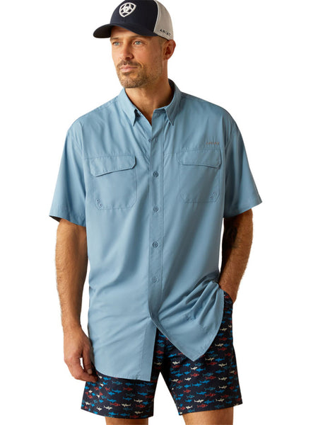 Ariat 10055122 Mens VentTEK Outbound Classic Fit Shirt Blue Shadow front view. If you need any assistance with this item or the purchase of this item please call us at five six one seven four eight eight eight zero one Monday through Saturday 10:00a.m EST to 8:00 p.m EST