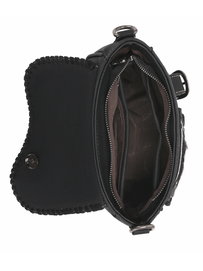 Trinity Ranch TR149-8360BK Womens Hair-On Cowhide Saddle Shape Crossbody Satchel Black front. If you need any assistance with this item or the purchase of this item please call us at five six one seven four eight eight eight zero one Monday through Saturday 10:00a.m EST to 8:00 p.m EST

