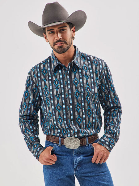 Wrangler 112355377 Mens Checotah Long Sleeve Western Shirt Black Bleu front view. If you need any assistance with this item or the purchase of this item please call us at five six one seven four eight eight eight zero one Monday through Saturday 10:00a.m EST to 8:00 p.m EST