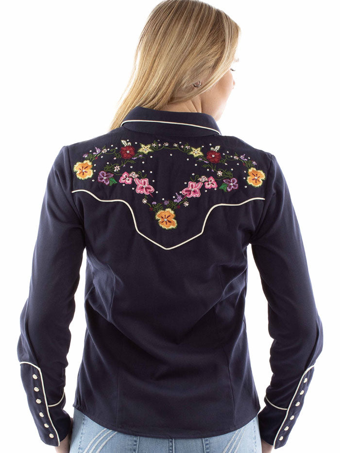 Scully PL899-NAV Womens Bright Floral Embroidery Blouse Navy front view. If you need any assistance with this item or the purchase of this item please call us at five six one seven four eight eight eight zero one Monday through Saturday 10:00a.m EST to 8:00 p.m EST