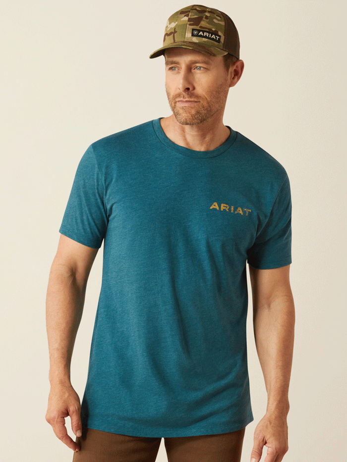 Ariat 10054003 Mens Played Out T-Shirt Deep Sea Heather Teal back view. If you need any assistance with this item or the purchase of this item please call us at five six one seven four eight eight eight zero one Monday through Saturday 10:00a.m EST to 8:00 p.m EST

