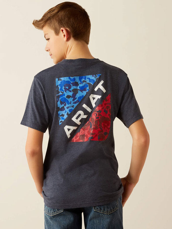 Ariat 10054066 Kids Camo Patriot T-Shirt Navy Heather front view. If you need any assistance with this item or the purchase of this item please call us at five six one seven four eight eight eight zero one Monday through Saturday 10:00a.m EST to 8:00 p.m EST