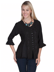 Scully HC67-BLK Womens Tonal Embroidered Blouse Black front view. If you need any assistance with this item or the purchase of this item please call us at five six one seven four eight eight eight zero one Monday through Saturday 10:00a.m EST to 8:00 p.m EST