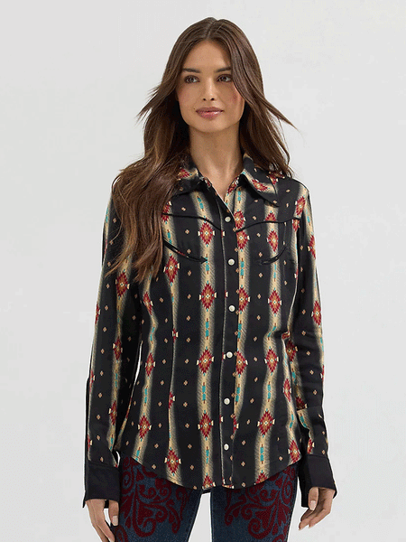 Wrangler 112360598 Womens X Lainey Wilson Classic Long Sleeve Shirt Checotah Black front untucked. If you need any assistance with this item or the purchase of this item please call us at five six one seven four eight eight eight zero one Monday through Saturday 10:00a.m EST to 8:00 p.m EST
