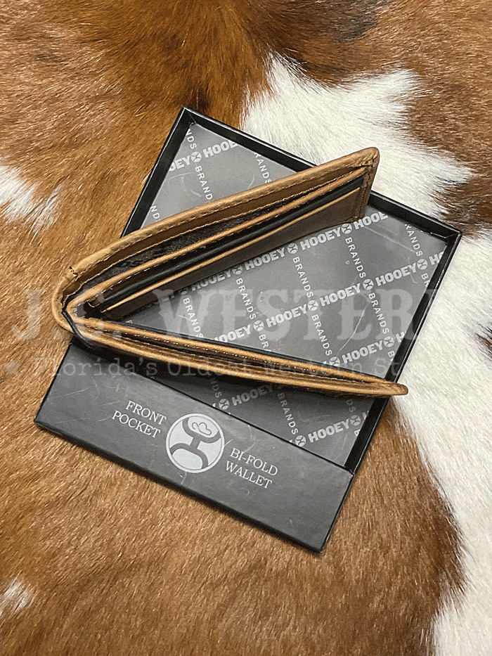 Hooey HBF013-TNSP Mens Nomad Laser Cut Hands-Up Bi-Fold Wallet Brown front view. If you need any assistance with this item or the purchase of this item please call us at five six one seven four eight eight eight zero one Monday through Saturday 10:00a.m EST to 8:00 p.m EST