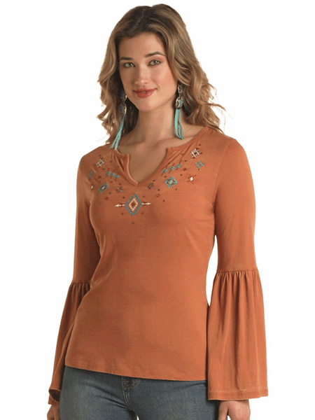 Panhandle LW52T02911 Ladies Embroidered Notched Neck Bell Sleeve Top Brass front view. If you need any assistance with this item or the purchase of this item please call us at five six one seven four eight eight eight zero one Monday through Saturday 10:00a.m EST to 8:00 p.m EST