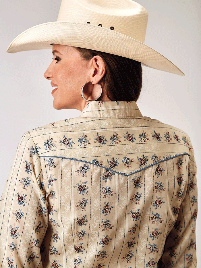 Roper 01-050-0086-0351 Womens Floral Stripe Western Shirt Yellow Cream front view. If you need any assistance with this item or the purchase of this item please call us at five six one seven four eight eight eight zero one Monday through Saturday 10:00a.m EST to 8:00 p.m EST