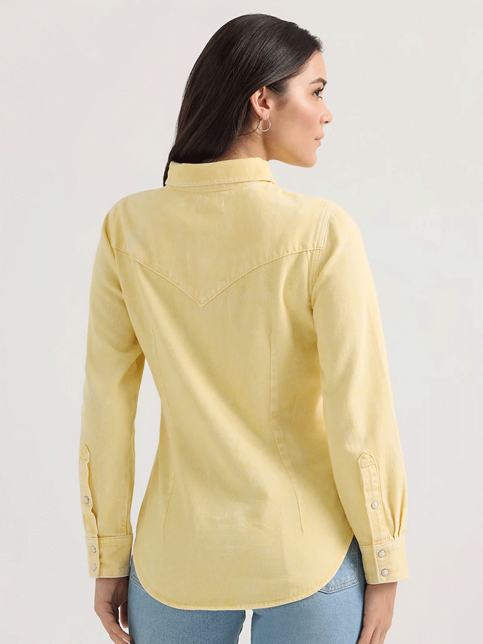 Wrangler 112361387 Womens Colorwash Slim Western Snap Shirt Yellow front view. If you need any assistance with this item or the purchase of this item please call us at five six one seven four eight eight eight zero one Monday through Saturday 10:00a.m EST to 8:00 p.m EST

