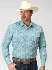 Roper 03-001-0225-2108 Mens All Over Paisley Print Snap Shirt Teal front view. If you need any assistance with this item or the purchase of this item please call us at five six one seven four eight eight eight zero one Monday through Saturday 10:00a.m EST to 8:00 p.m EST