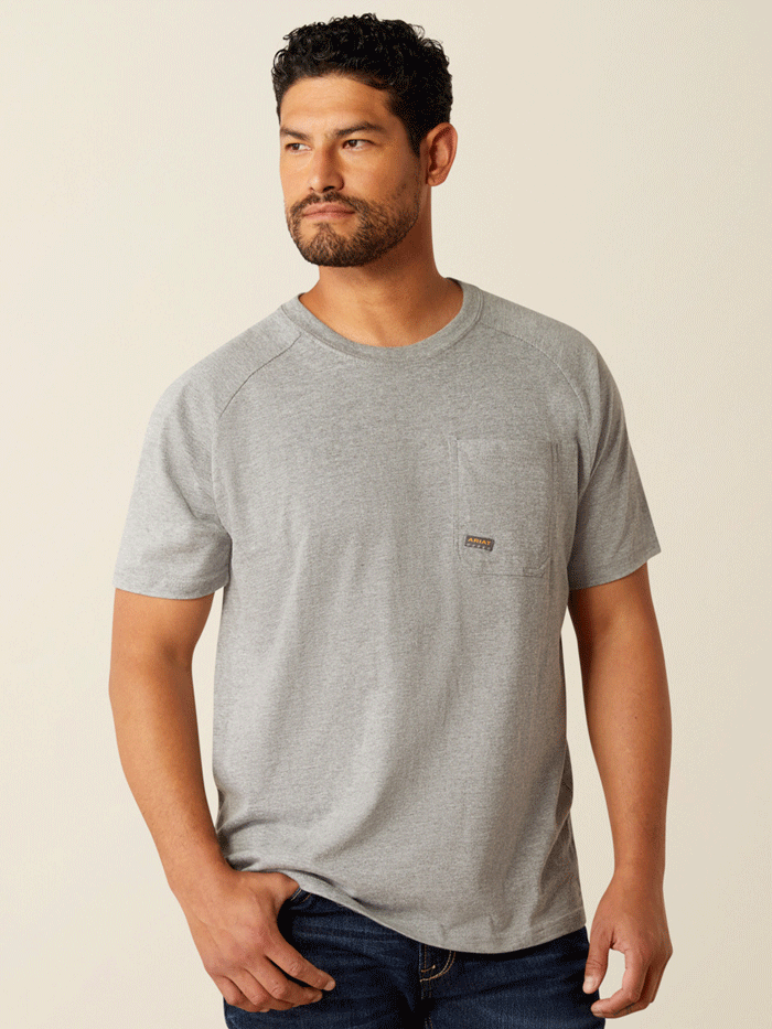 Ariat 10054443 Mens Rebar Cotton Strong Hardhead T-Shirt Heather Grey back view. If you need any assistance with this item or the purchase of this item please call us at five six one seven four eight eight eight zero one Monday through Saturday 10:00a.m EST to 8:00 p.m EST