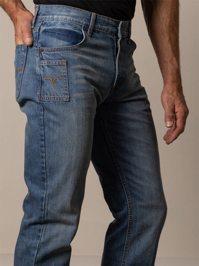 Kimes Ranch BARNEY Mens Slim Fit Boot Cut Jeans Light Wash front view. If you need any assistance with this item or the purchase of this item please call us at five six one seven four eight eight eight zero one Monday through Saturday 10:00a.m EST to 8:00 p.m EST