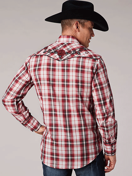 Roper 01-001-0016-4061 Mens Long Sleeve Snap Plaid Western Shirt Red front view. If you need any assistance with this item or the purchase of this item please call us at five six one seven four eight eight eight zero one Monday through Saturday 10:00a.m EST to 8:00 p.m EST
