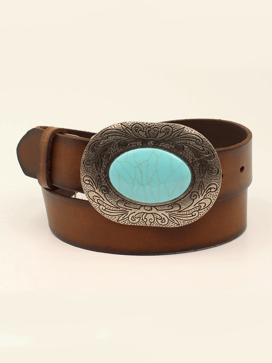 Nocona N320001402 Ladies Turquoise Stone Buckle Classic Strap Belt Brown front view. If you need any assistance with this item or the purchase of this item please call us at five six one seven four eight eight eight zero one Monday through Saturday 10:00a.m EST to 8:00 p.m EST