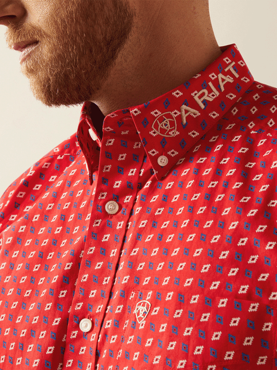 Ariat 10058961 Mens Team Fallon Classic Fit Shirt Red collar close up. If you need any assistance with this item or the purchase of this item please call us at five six one seven four eight eight eight zero one Monday through Saturday 10:00a.m EST to 8:00 p.m EST