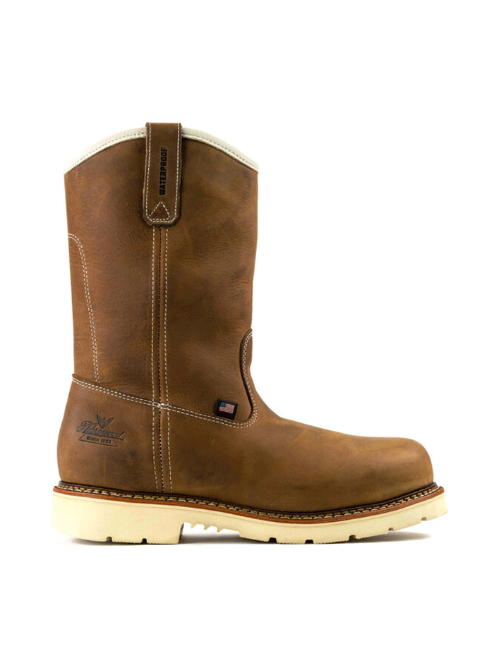 Thorogood 804-3320 Mens Pull On Waterproof Safety Toe Wellington Boot Crazyhorse Brown pair front and side view. If you need any assistance with this item or the purchase of this item please call us at five six one seven four eight eight eight zero one Monday through Saturday 10:00a.m EST to 8:00 p.m EST