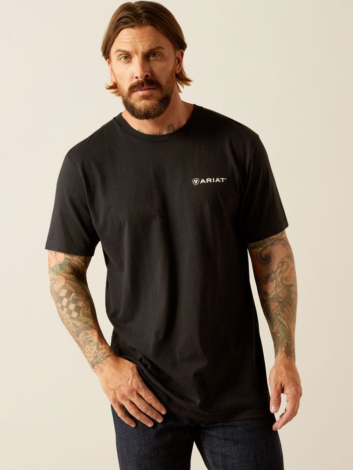 Ariat 10054842 Mens Big Sky Freedom T-Shirt Black back close up.  If you need any assistance with this item or the purchase of this item please call us at five six one seven four eight eight eight zero one Monday through Saturday 10:00a.m EST to 8:00 p.m EST