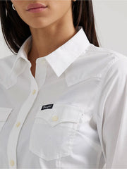 Wrangler 112358013 Womens Western Button Down Shirt White close up. 