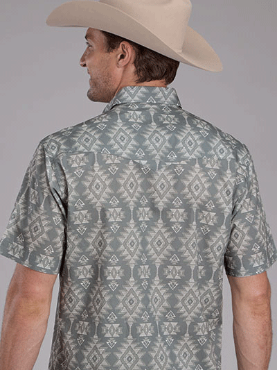 Roper 03-002-0067-0254 Mens Aztec Print Short Sleeve Shirt Grey front view. If you need any assistance with this item or the purchase of this item please call us at five six one seven four eight eight eight zero one Monday through Saturday 10:00a.m EST to 8:00 p.m EST