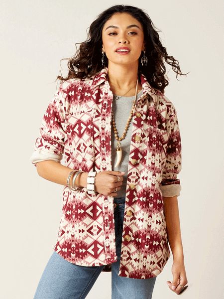 Ariat 10046274 Womens Fillmore Southwest Print Shirt Jacket Red front view. If you need any assistance with this item or the purchase of this item please call us at five six one seven four eight eight eight zero one Monday through Saturday 10:00a.m EST to 8:00 p.m EST